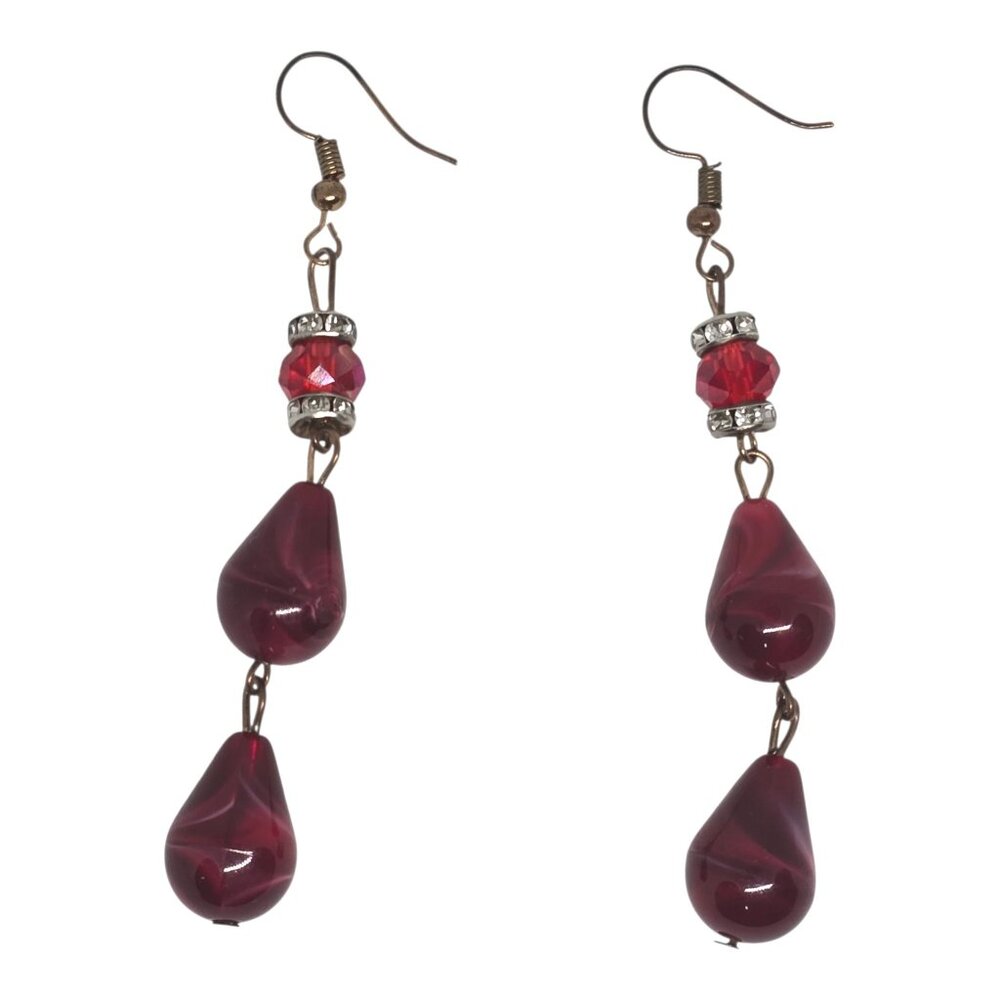 Red Glass Bead Dangle Earrings With Rhinestone Accents Vintage-Inspired Hook Fas